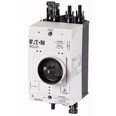 A white electrical switch marked with EATON-SOL20, featuring multiple connections and a central rotary knob, used for solar power installations.