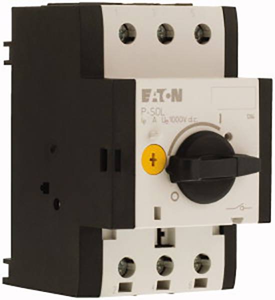 'A three-pole load disconnector by Eaton with a black rotary handle and yellow label for electrical circuits up to 1000V.'