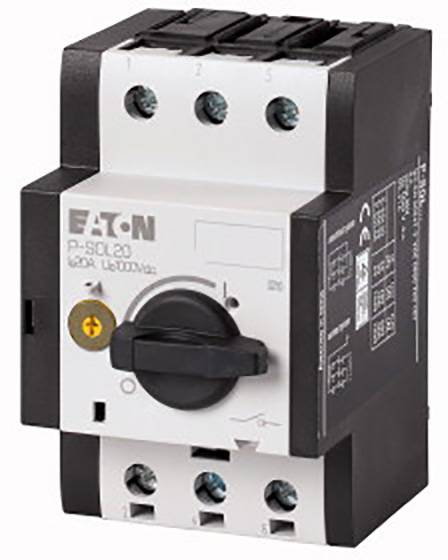 A three-pole load isolation switch for protecting and switching electrical installations. The switch has a rotary knob.