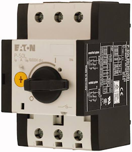 An electrical switch by Eaton, model P-SOL, with a black rotary knob and technical specifications on the right-hand side.