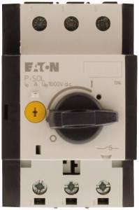 A three-pole circuit breaker with a rotary switch in the centre. The switch has a yellow symbol and is suitable for direct current.