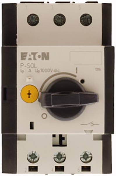 A three-pole Eaton circuit breaker with a yellow button and rotary switch, suitable for 1000V DC.