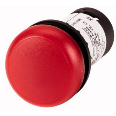 Red emergency stop button, cylindrical shape, with black housing and white labelling on the side.