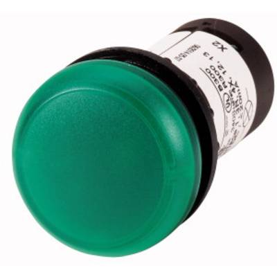 Green push button with black base, viewed from the side. Used for electrical switching or control applications.
