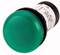 Green push button with black base, viewed from the side. Used for electrical switching or control applications.