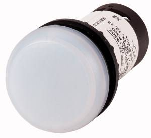 A round, white button with a black border, depicted from the side, possibly for an electrical device or machine.