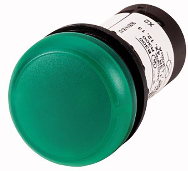 Green push button for industrial controls, taken from the side. The button has a round, glossy pressure area.