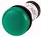 Green push button for industrial controls, taken from the side. The button has a round, glossy pressure area.