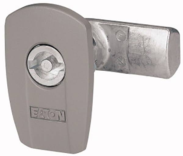 A silver pivot lever handle lock with the engraved 'Eaton' inscription on the front. Suitable for industrial enclosures.