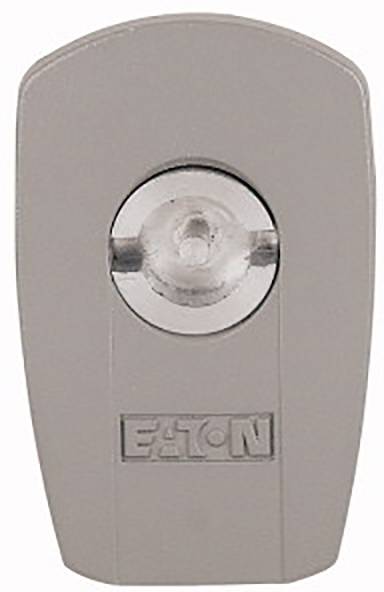 Silver metal padlock by Eaton Company, symmetrical design with a central, round locking mechanism.