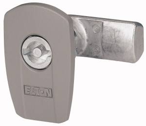 Lock with rectangular handle and embossed brand name 'Eaton'. Suitable for securing doors or cabinets.