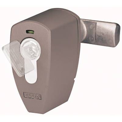 A brown electric door lock with a clear plastic cover over the keyhole.