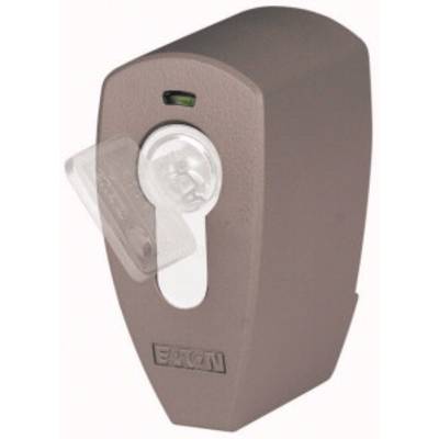 A brown, electronic door lock with a coin slot, marked with the 'Eaton' logo.