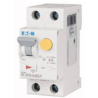 A two-pole circuit breaker from Eaton with a yellow button and marking 'B16'. Connections and technical details are visible.
