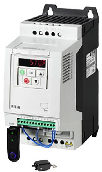 A white, rectangular frequency inverter with LED display and control buttons on the front panel. A black cable is connected.