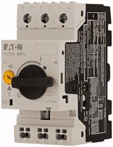 A three-pole Eaton motor circuit breaker, model PKZM0-SP 16, with toggle switch and test button. Suitable for motor protection.