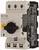 A white electrical switch with a black rotary knob. Labelled 'EATON PKZM0-SP16'. Features test and reset functionality.