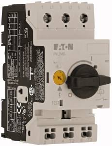 An electrical motor protection switch by EATON, black and white, with a rotary dial for adjustment and multiple connection points at the top and bottom.