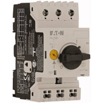 An electrical motor protection switch by EATON, black and white, with a rotary dial for adjustment and multiple connection points at the top and bottom.