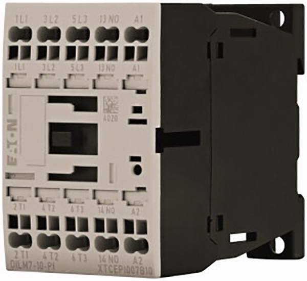 An electronic contactor by Eaton, model DILM7-10-R, with various terminal connections and markings on the front.