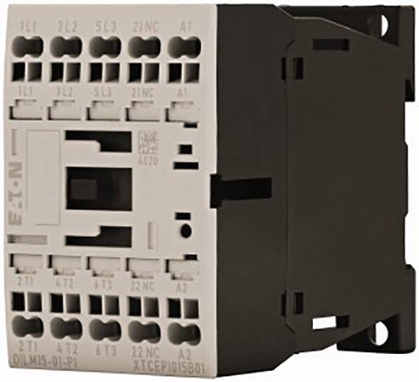 An electrical contactor in a dark colour, with multiple connections and labels on the front, suitable for industrial applications.