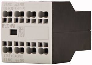 An electrical terminal module from Eaton with multiple connections, labelled with '31NC 43NO' and '32NC 44NO'.
