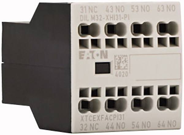 An electrical switch block with multiple terminal connections, marked with 'EATON' and 'DIL M32-XHI31-PI', for industrial applications.