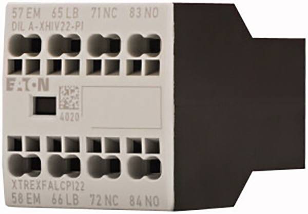 Terminal block with multiple numbered connections. 'EATON' is printed top left. Contains letters and numbers for identification.