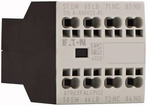 An electronic component with multiple terminal blocks, labelled with 'EATON' and featuring a QR code on the front.