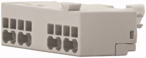 A rectangular, grey electrical connector with multiple sockets on the side, likely for mounting in an electrical circuit.