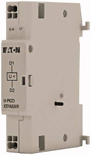 An Eaton auxiliary switch with the designations 'U-PKZ0' and 'XTPAXU/V-R' clearly shows the connections D1, D2 and control contacts.