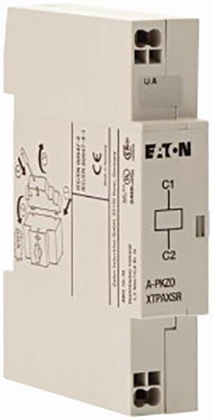 A slender, rectangular electrical protection switch by Eaton, model number A-PKZ0 XTPAXSR, with CE marking and connections.