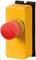 Yellow emergency stop switch with red button, for rapid machine shutdown in emergency situations.