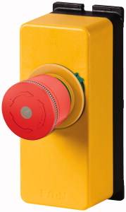 Yellow emergency stop switch with red button, used for quickly shutting down machines in emergency situations.
