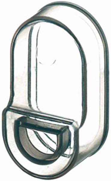 A transparent, curved plastic clip often used to hold items such as strings or cables.