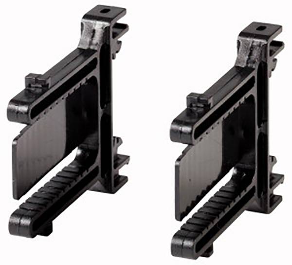 Two black, interlocking brackets standing side by side, likely used for holding or securing objects.