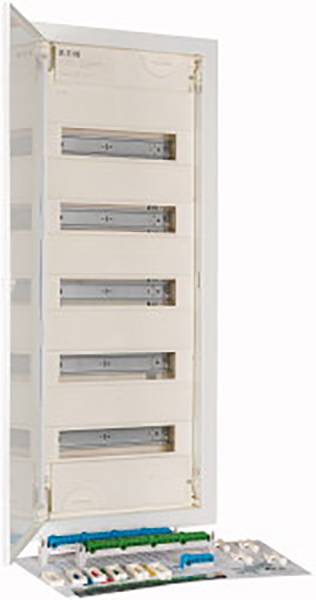 An open distribution board with multiple fuses and cables in an enclosure.