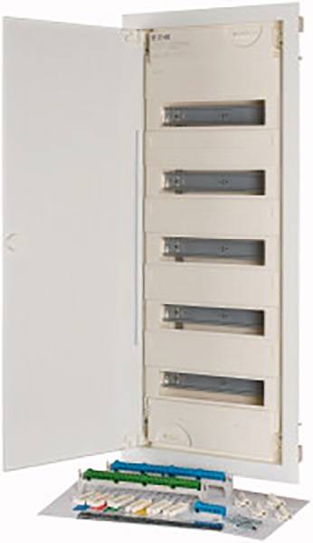 Electrical consumer unit with an open door, showing six rows for circuit breakers, with one row having installed circuit breakers visible.