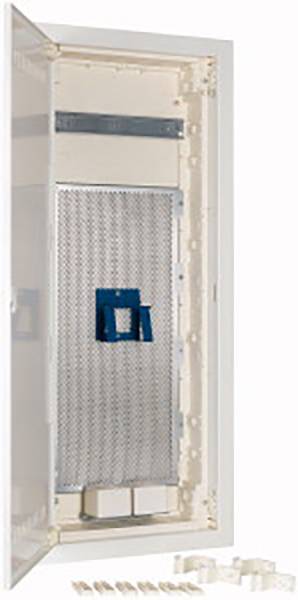 Opened electrical control cabinet with visible mounting grid and blue mounting brackets, surrounded by a white frame.
