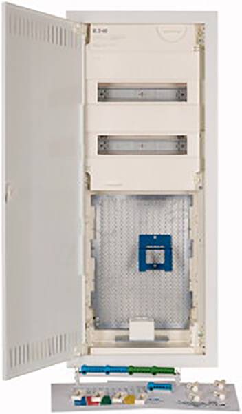 'White switchboard with open door and internal compartments, shown with accessories underneath. Suitable for electrical installations.'