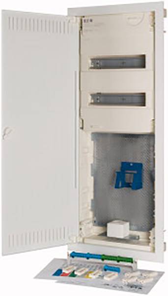 An open fuse box shows various switches and fuses in a vertical housing.