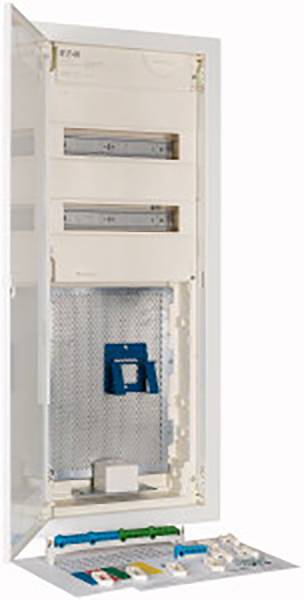 An opened distribution board with visible fuse elements and wiring components, shown within a white frame.