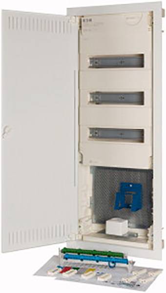 An open electrical distribution board with multiple fuses and switches for controlling electrical circuits.