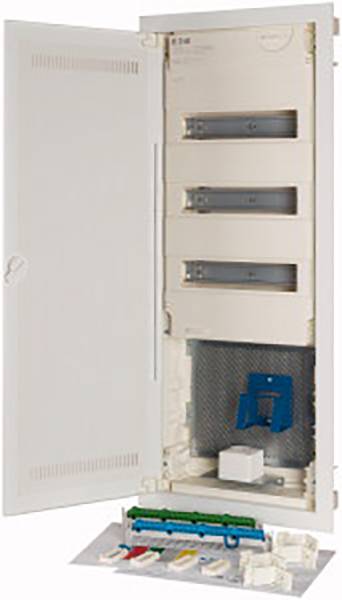Open electrical cabinet with multiple rows of electrical fuses and components, including a blue switch at the bottom.