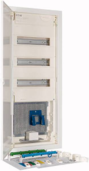 An opened electrical distribution board shows several fuses and circuits and serves to control electrical wiring.