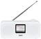 White portable digital radio with extendable antenna, display shows 'STAR*SAT Radio – Journey – Don't Stop Believin''.