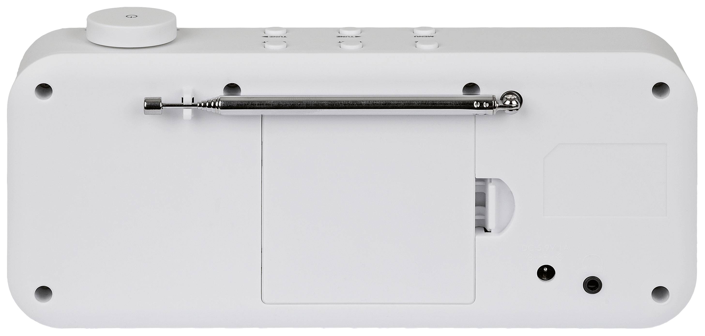 Back of a white portable radio with telescopic antenna, battery compartment, and connections.