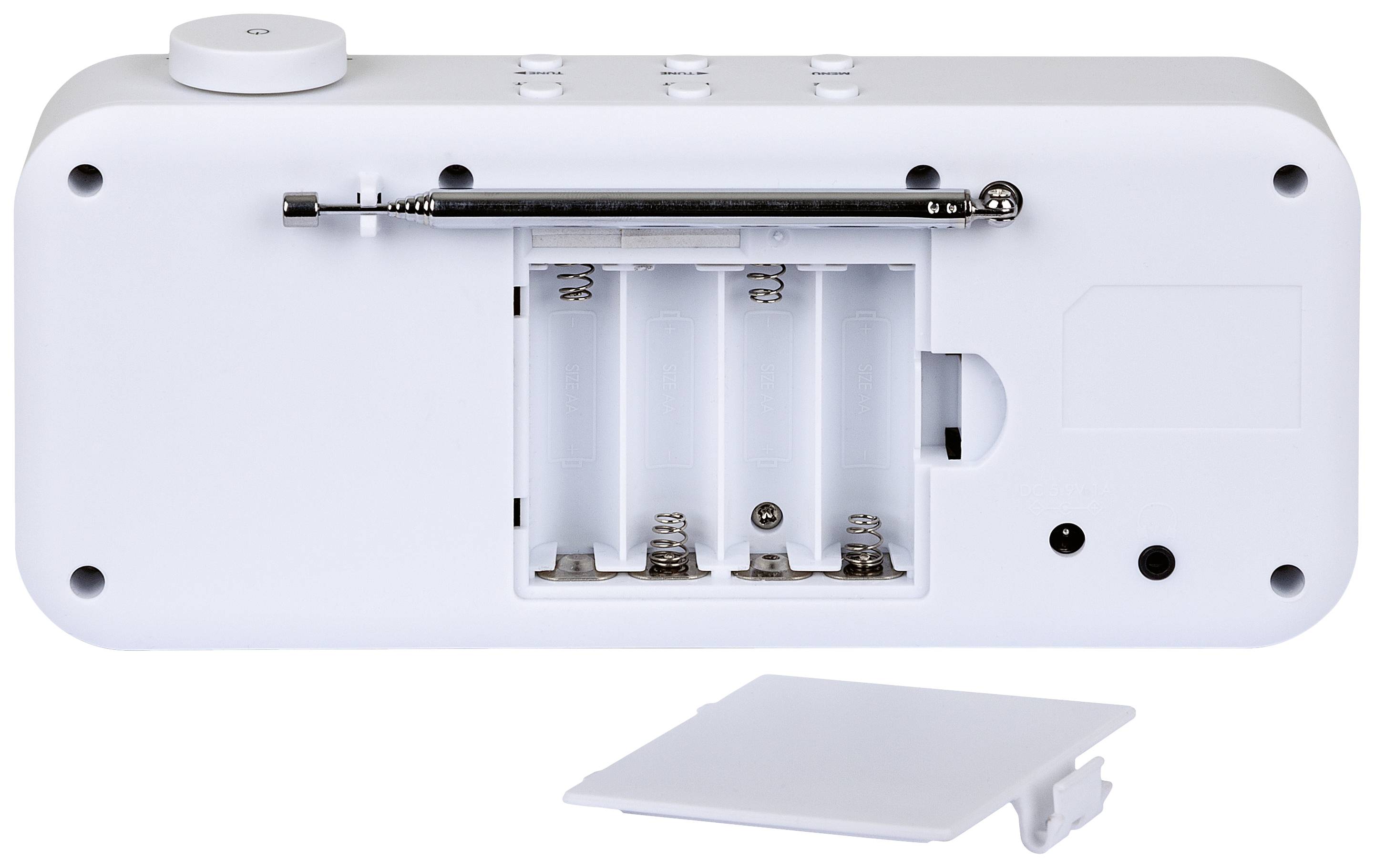 Rear view of a white electronic device with an open battery compartment cover. The compartment reveals space for two batteries.