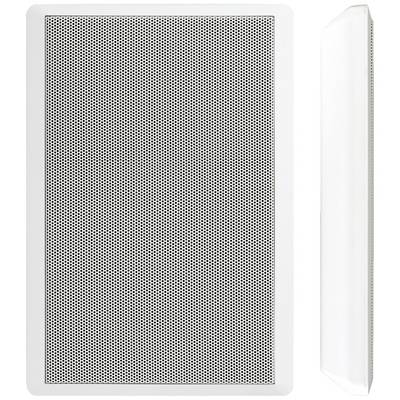 A rectangular, vertical speaker with a perforated front and a cover on the right side.