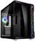 Computer case with transparent side panel, illuminated fan, RGB lighting at the front. Sleek, modern design.